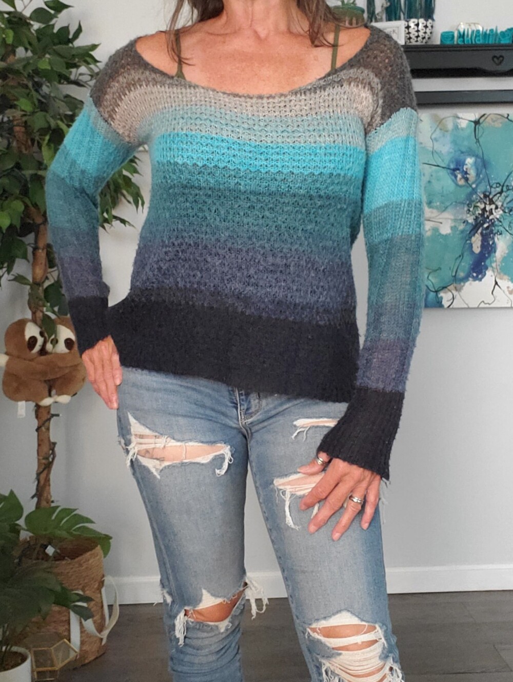 AEROPOSTALE Open Knit Gradient Ombre Scoop Neck Sweater M